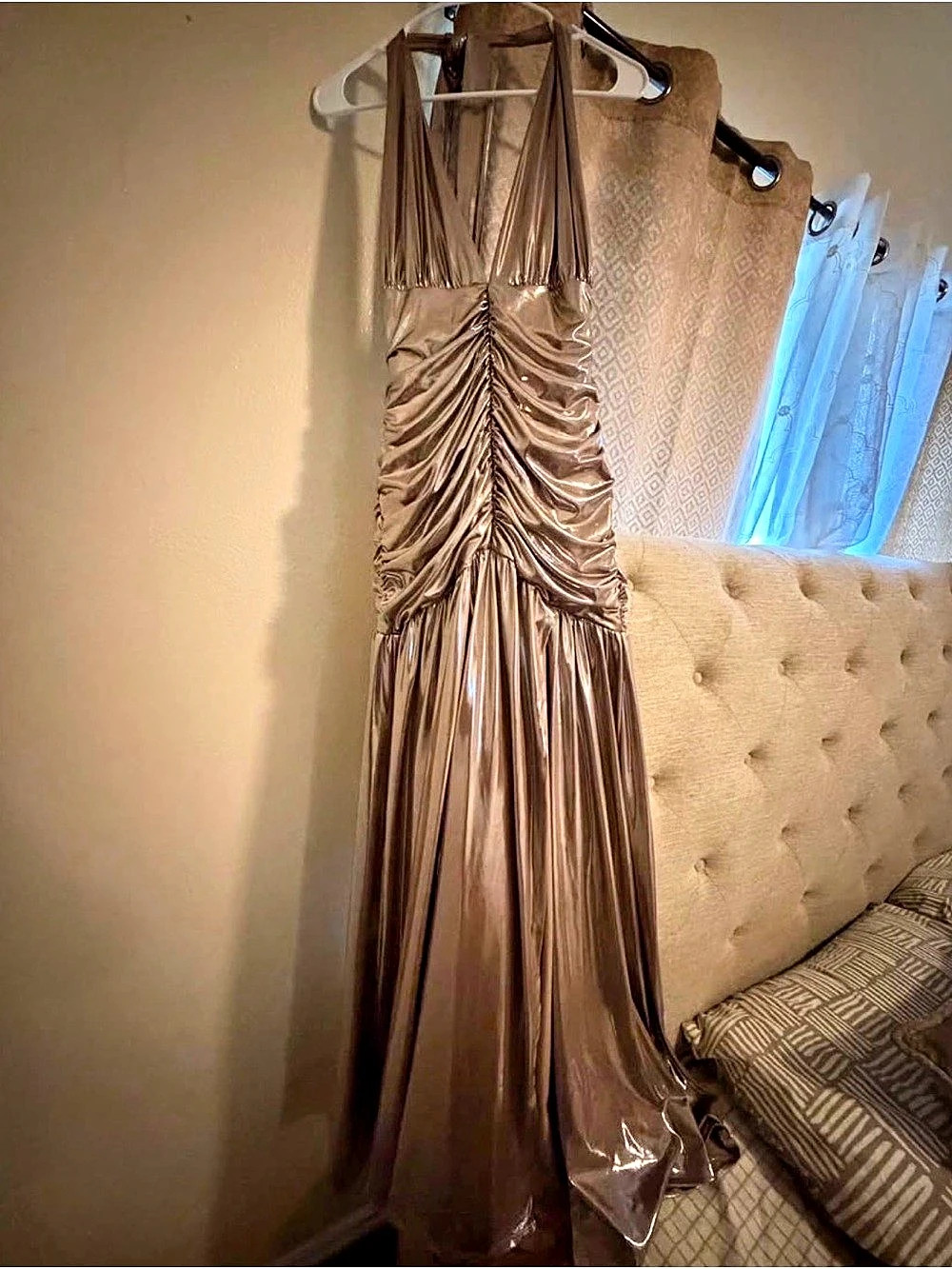 Metallic Ruched Halter Maxi Dress